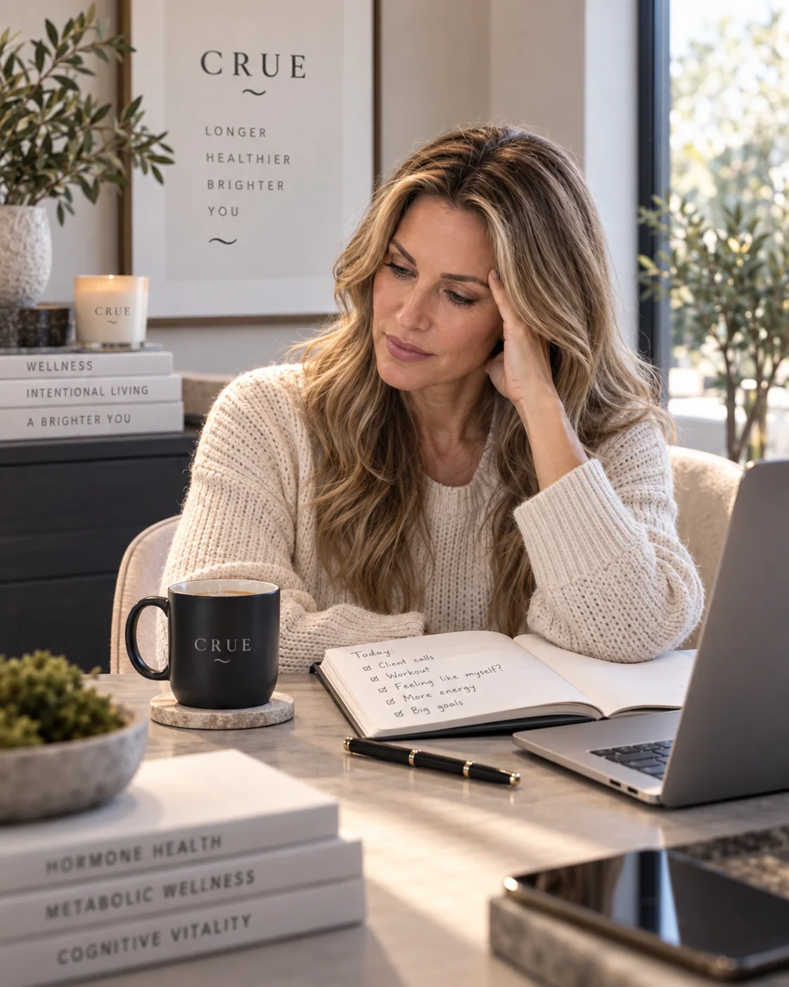 Adult woman reflecting on fatigue and reduced vitality before a wellness evaluation